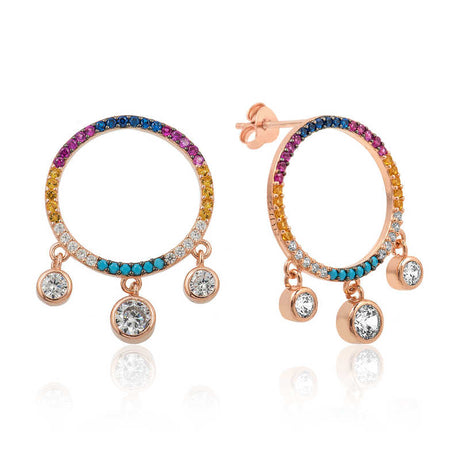 Rose Gold Plated Rainbow Zirconia Dangle Hoop Stud Earrings