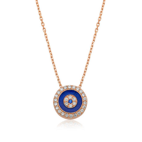 Rose Gold Tone Evil Eye Necklace - Sparkling Blue & Clear Stone Protection