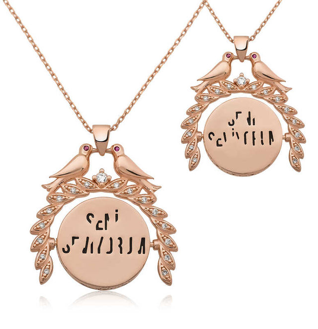 Rose Gold Tone Love Birds Rotating 'I Love You' Charm Necklace