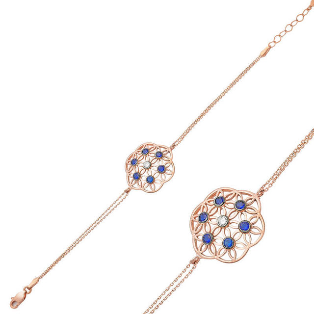 Bracelet - Rose Gold Tone Blue & Clear Stone Flower of Life Design