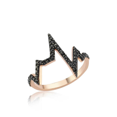 Ring - Rose Gold Tone Black Zirconia Heartbeat Ring - Unique Design
