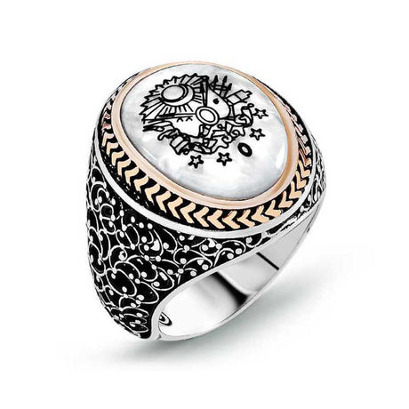 Premium Ottoman Emblem Mother of Pearl Silver Men's Ring