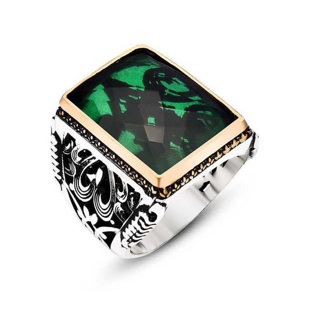 Premium Sterling Silver Mens Green Zircon Ring