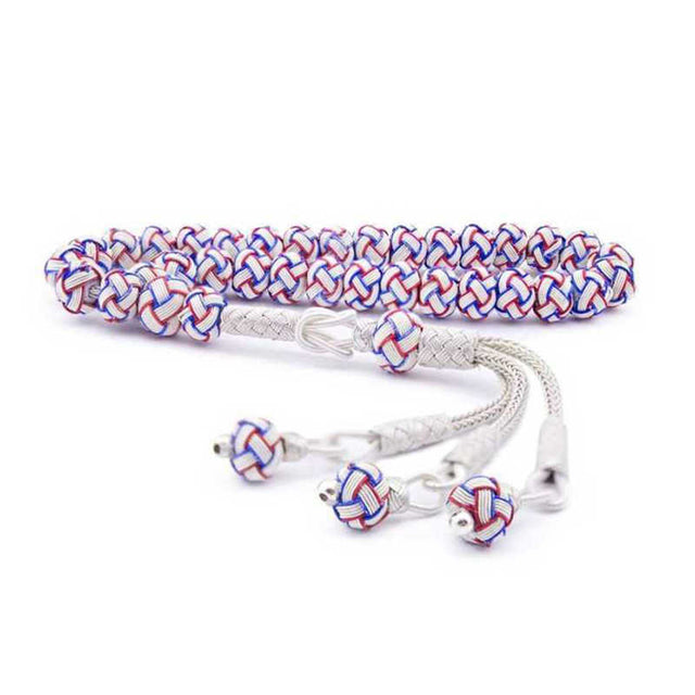 Silver Trabzon Kazaziye Tesbih - Handcrafted Red, White & Blue Woven Beads
