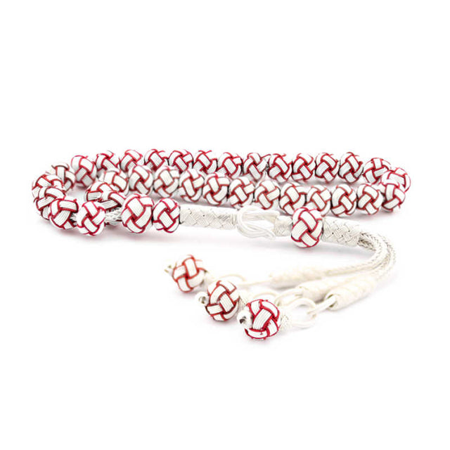 Silver Trabzon Kazaziye Tesbih - Red & White Hand-Woven Prayer Beads