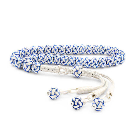 Tesbih Prayer Beads - Silver Kazaziye & Blue White Woven Design