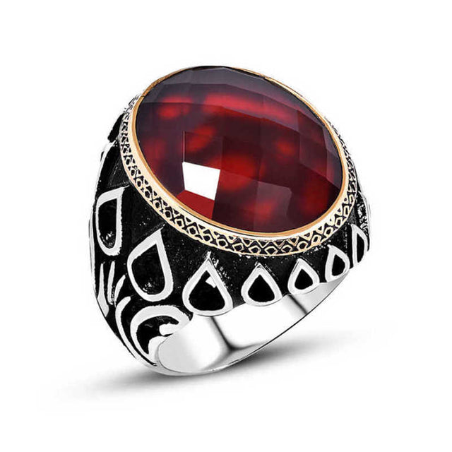 Premium Mens Sterling Silver Red Zircon Ring
