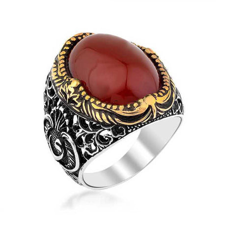 Premium Men's Sterling Silver Agate Ring with Ottoman Inspired Carving