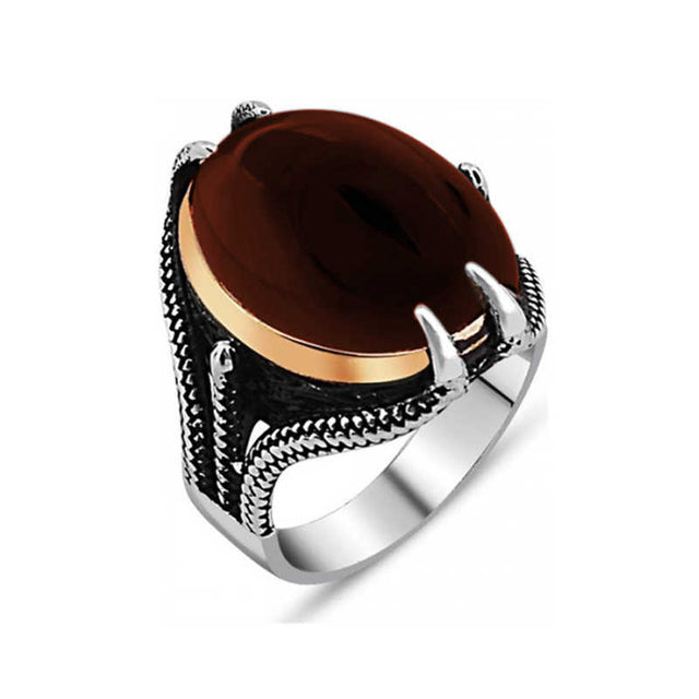 Premium Men's Eagle Claw Design Agate Stone Silver Ring