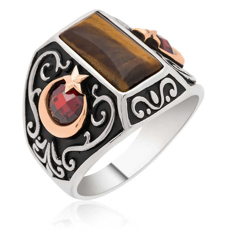 Premium Silver Crescent Star Tiger Eye Men's Ring