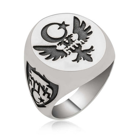 Premium Sterling Silver Double Headed Eagle Crescent Star Men's Ring