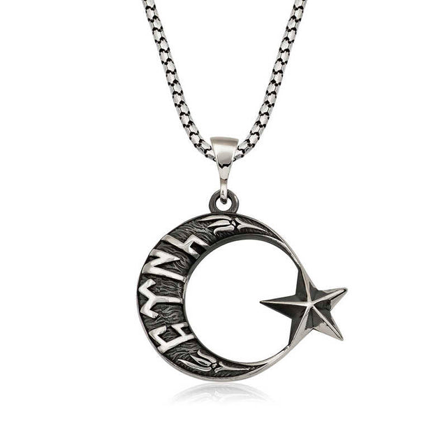 Men's Necklace - Sterling Silver Gokturkce Turkic Crescent Star