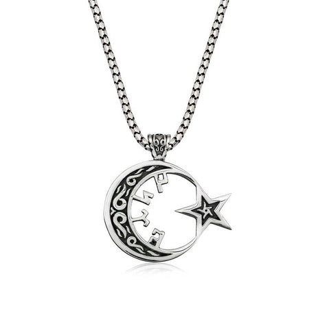 Necklace - Sterling Silver Gokturk Script Crescent Moon Star Pendant