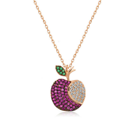Rose Gold Tone Apple Pendant Necklace - Sparkling Zircon & Gemstones