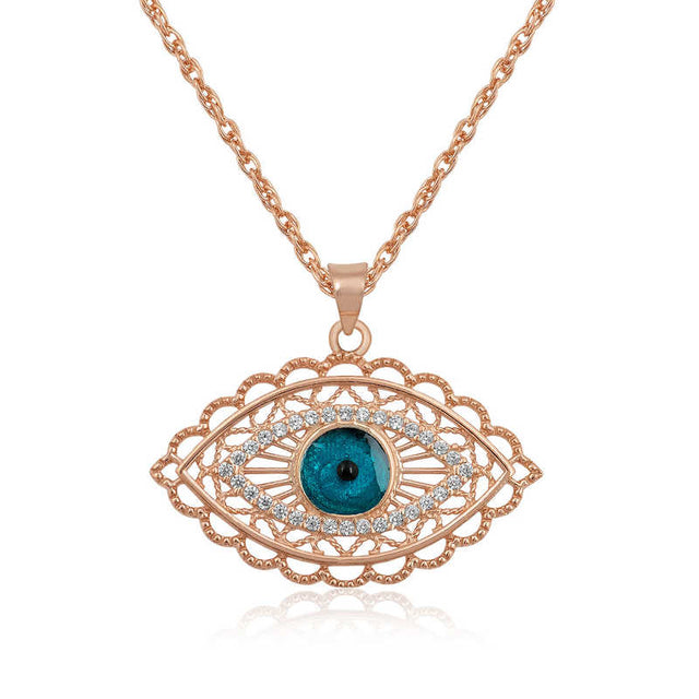 Necklace - Rose Gold Tone Evil Eye Filigree Pendant with Sparkle