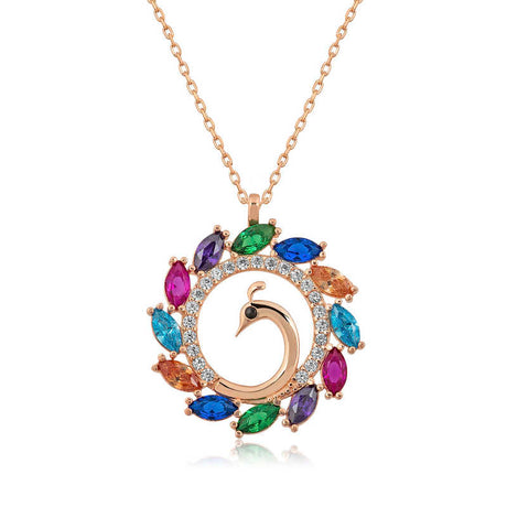 Necklace - Rose Gold Plated Multi-Stone Peacock Pendant