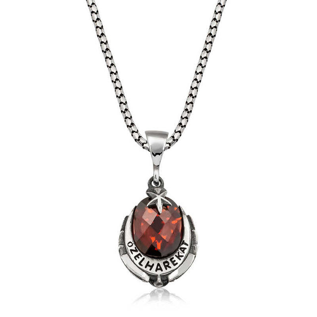 Sterling Silver Red Stone 'Ozel Harekat' Emblem Necklace