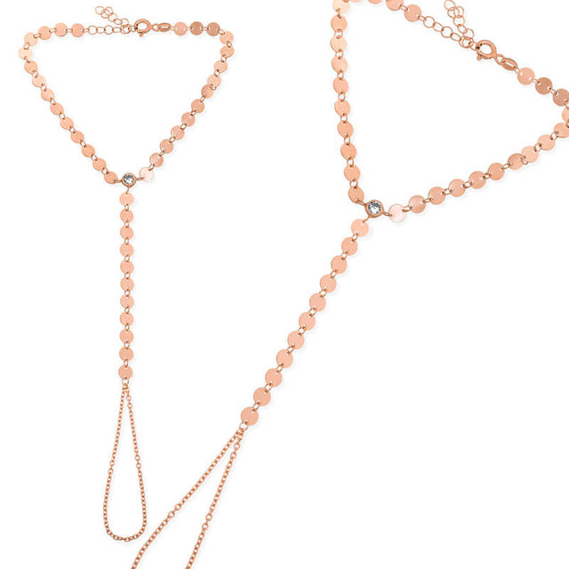 Rose Gold Plated Disc Link Hand Chain with CZ Accent
