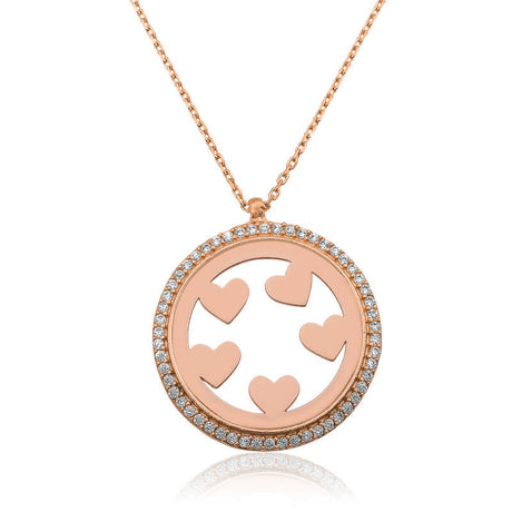 Necklace - Rose Gold Tone Cubic Zirconia Heart Circle Pendant