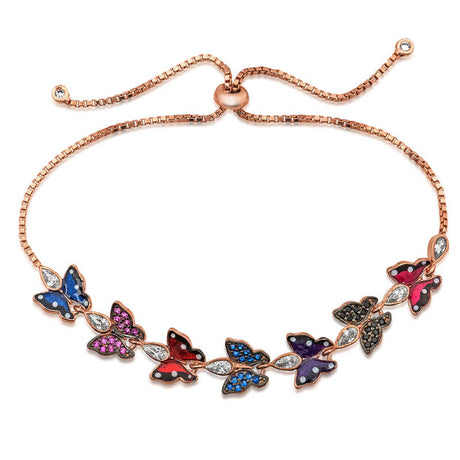 Adjustable Butterfly Bracelet - Rose Gold Plated with Colorful CZ Gems