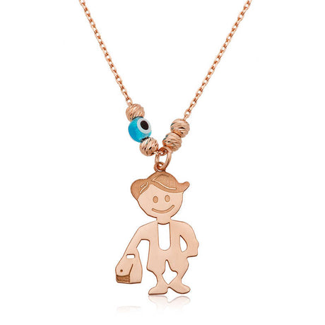 Rose Gold Plated Sterling Silver Boy Charm Necklace with Evil Eye