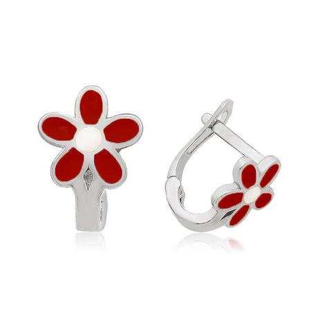 Kids' Sterling Silver - Dainty Red Enamel Flower Huggie Earrings
