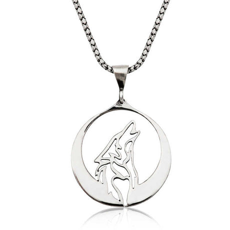 Sterling Silver Wolf Howling Moon Pendant Necklace - Spirit Animal Jewelry