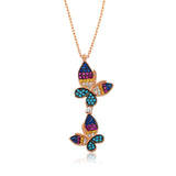 Necklace - Rose Gold Plated Sterling Silver Double Butterfly with Multi-Color Gemstones