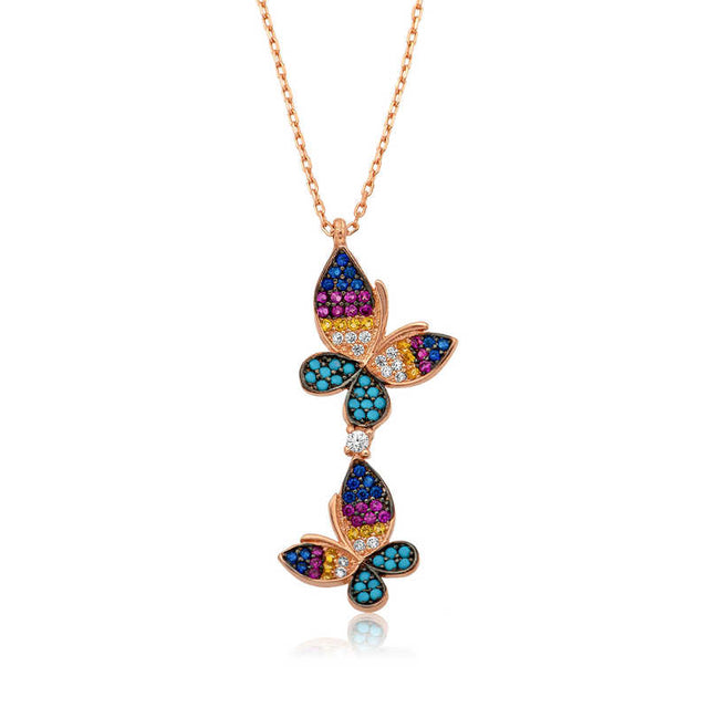 Necklace - Rose Gold Plated Sterling Silver Double Butterfly with Multi-Color Gemstones