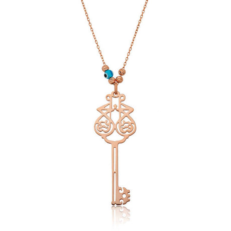 Rose Gold Tone Ya Fettah Calligraphy Key Necklace with Evil Eye