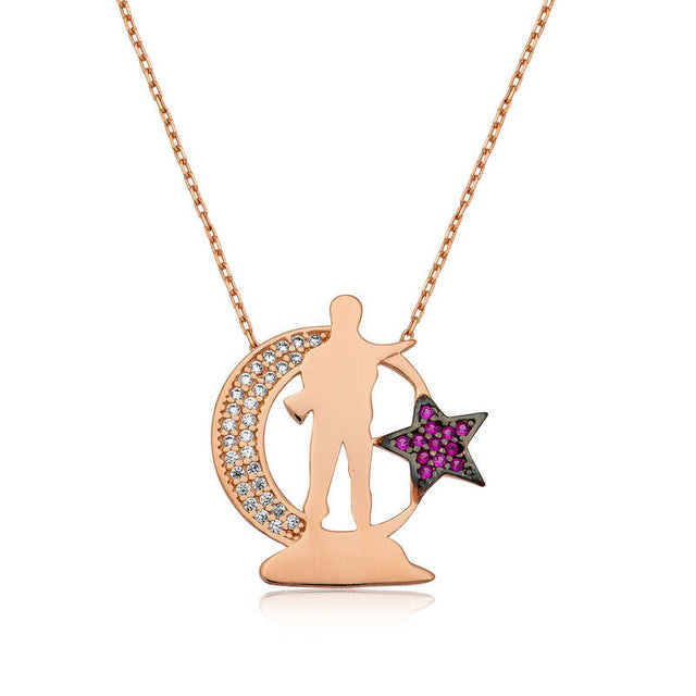 Rose Gold Plated Soldier Crescent Star Necklace with Zirconia Stones