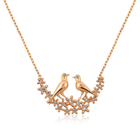 Necklace - Rose Gold Plated Love Birds & Sparkling Floral Design