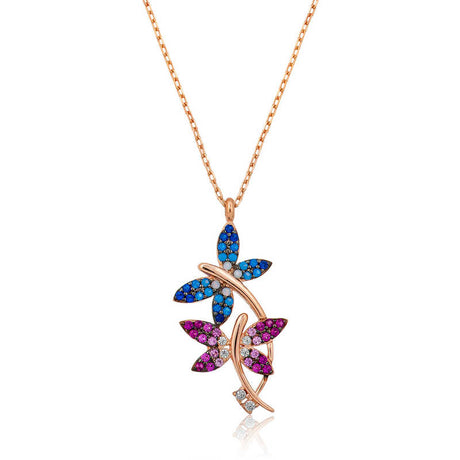 Necklace - Rose Gold Plated Colorful Zirconia Double Butterfly Pendant