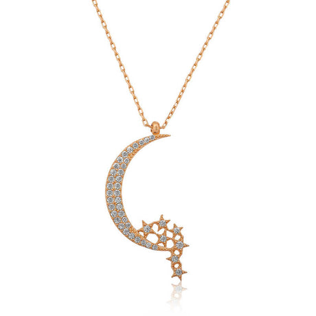Rose Gold Plated Sterling Silver Moon & Star Necklace - Zirconia