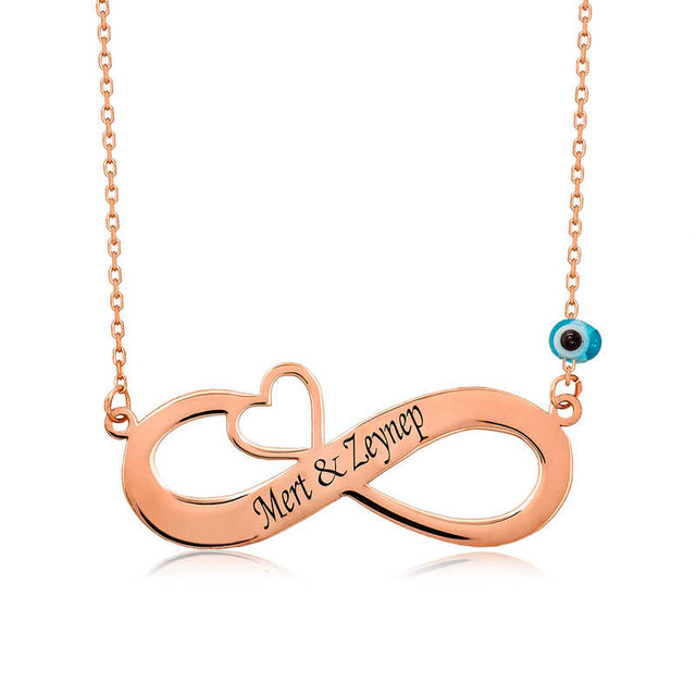 Personalized Infinity Heart Necklace - Rose Gold Plated Silver with Evil Eye Charm