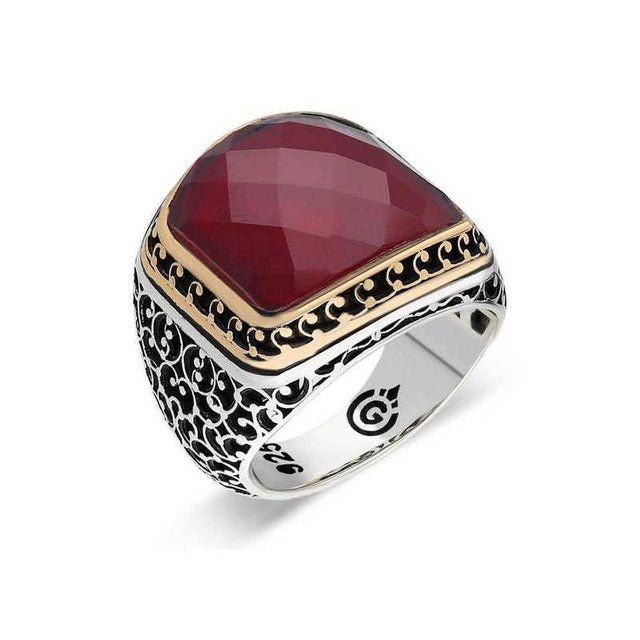 Premium Mens Sterling Silver Ring Faceted Red Stone