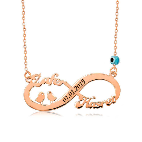 Personalized Infinity Name Necklace - Rose Gold Tone Birds & Evil Eye