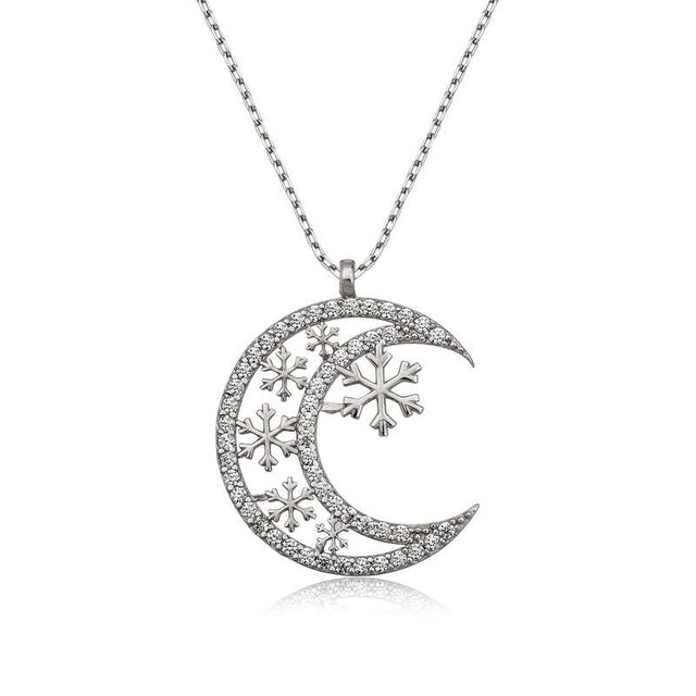 Necklace - Sterling Silver Sparkling Moon & Snowflake Pendant