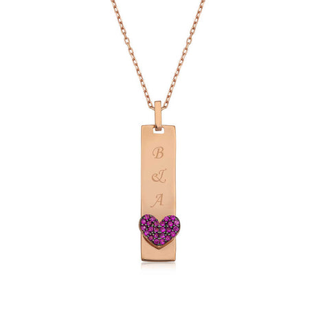 Personalized Bar Pendant Necklace - Rose Gold Tone with Engraved Initials & Pave Heart