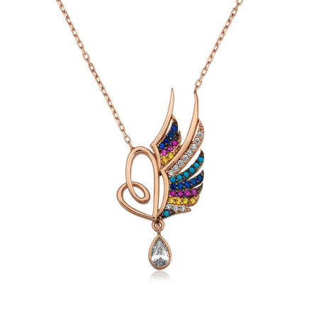 Necklace - Rose Gold Plated Winged Heart with Multi-Color Zirconia