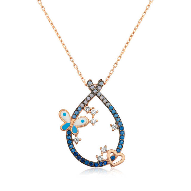 Sterling Silver Rose Gold Plated Teardrop Necklace - Butterfly & Heart