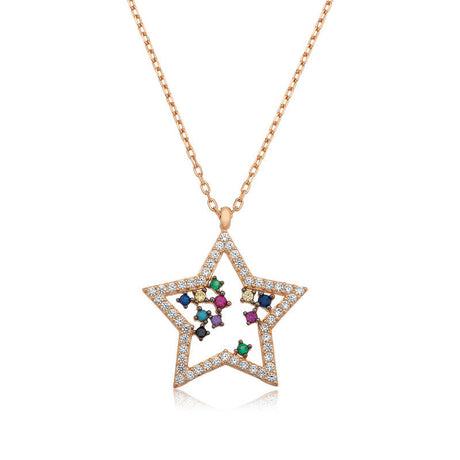 Rose Gold Plated Sterling Silver Star Pendant Necklace with Colorful Zirconia