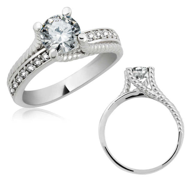 Sterling Silver Solitaire Ring - Braided Band with Pave Accent CZ Stones