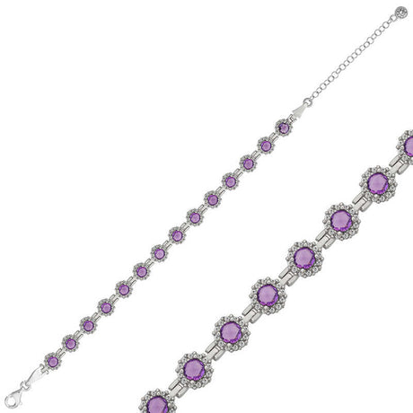 Silver-Tone Amethyst & Zirconia Halo Tennis Bracelet
