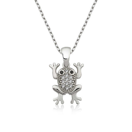 Sterling Silver Frog Pendant Necklace - Zircon & Black Stone Charm