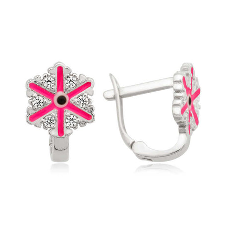 Kids' Snowflake Earrings - Silver-Tone Pink Enamel & CZ Sparkle