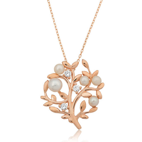 Necklace - Rose Gold Plated Pearl & CZ Tree of Life Pendant