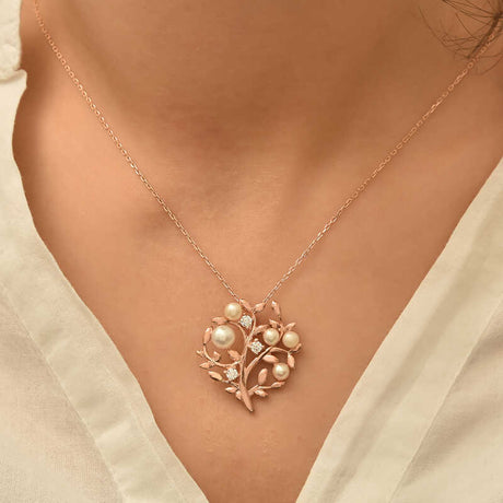 Necklace - Rose Gold Plated Pearl & CZ Tree of Life Pendant