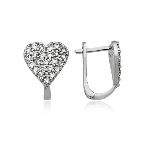 Sterling Silver Heart Drop Earrings - Sparkling Pave CZ