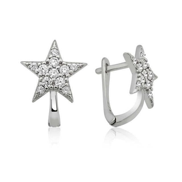 Sparkling Star Huggie Hoop Earrings - Silver Tone Zirconia
